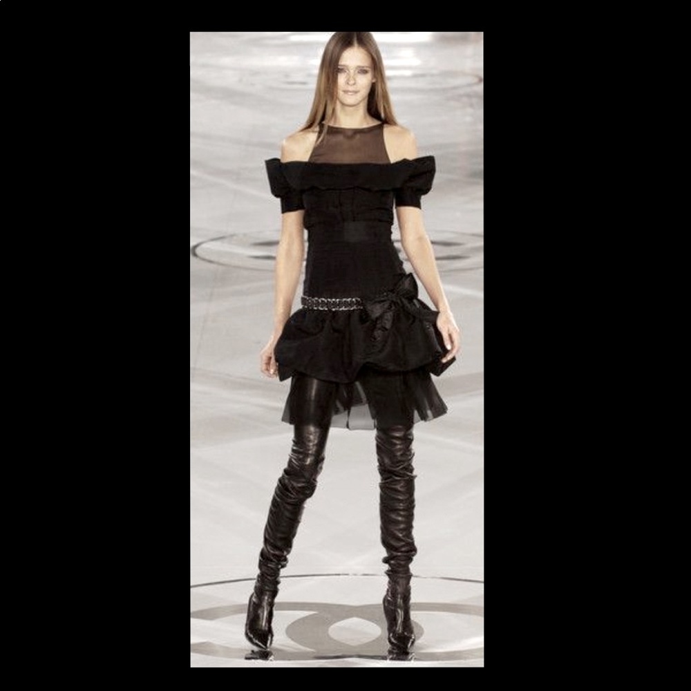 CHANEL Black Off-Shoulder Ruffled Mini Dress
